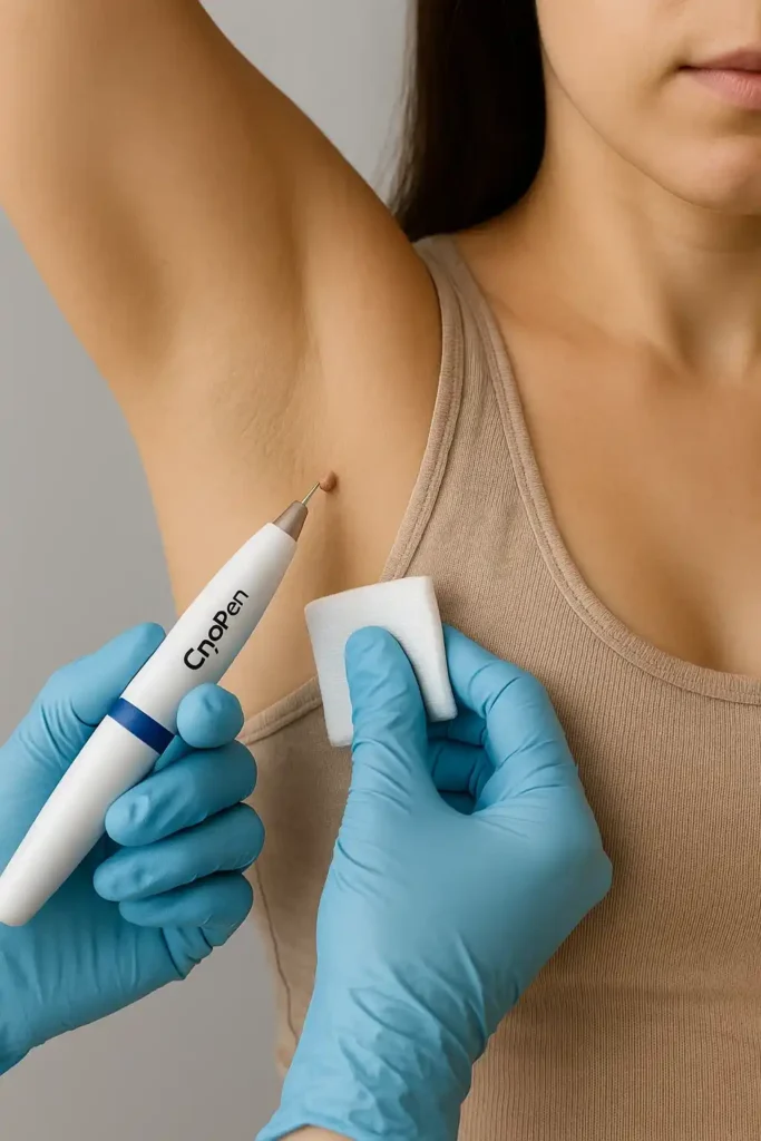 woman having cryopen to remove underarm skin tags Tilbury