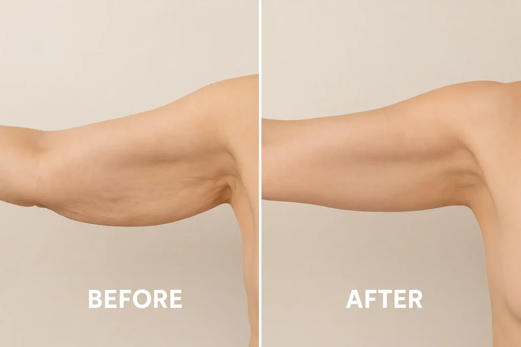Picture of LA LIPO Tilbury before and after results of skin tightening treatment on the upper arms.