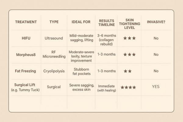 Table showing the comparisons of Skin tightening Tilbury treatment options.